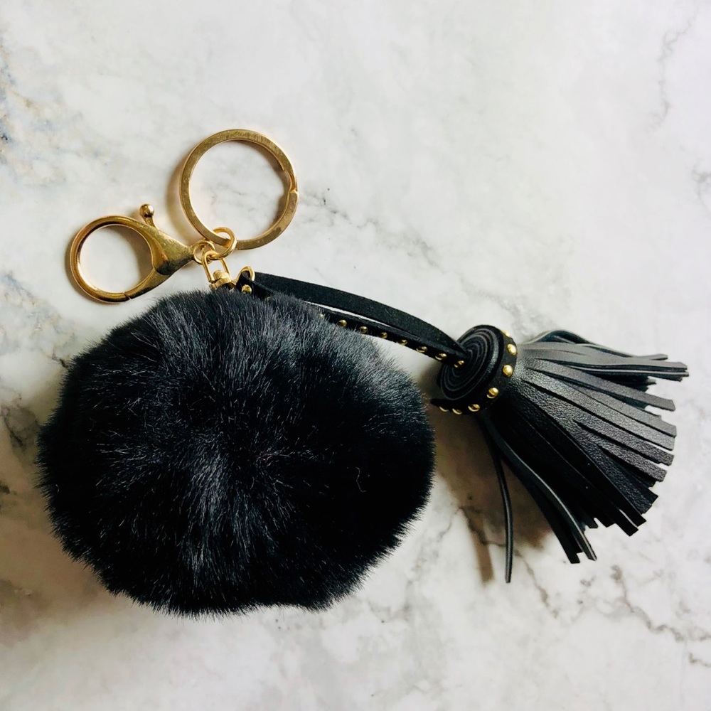 New! Black Faux Fur Pom Pom Tassels Keychain